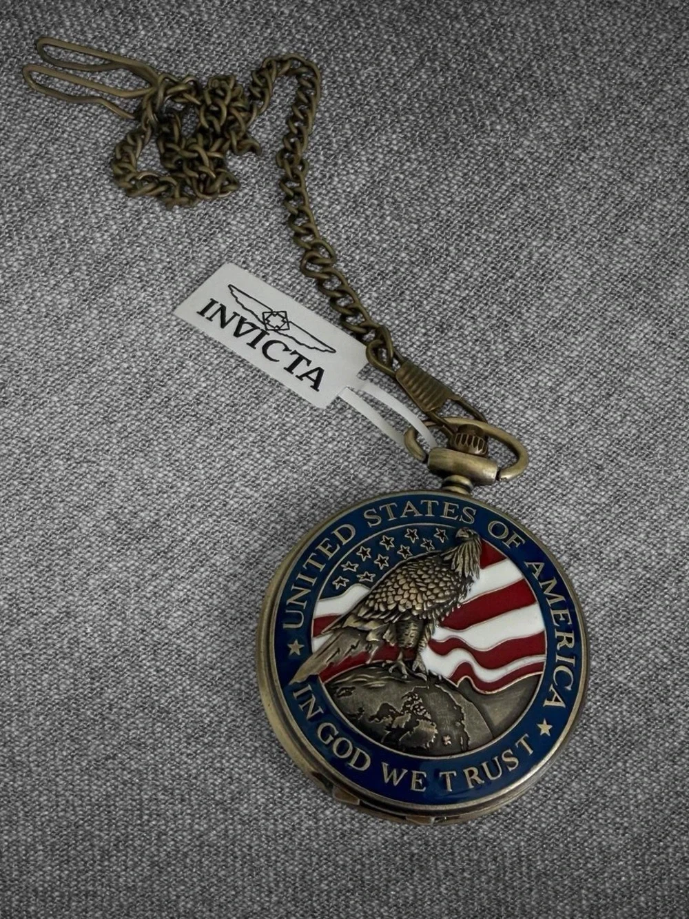 Invicta Patriotic Eagle American Flag Antique Gold Tone Pocket Watch With Chain